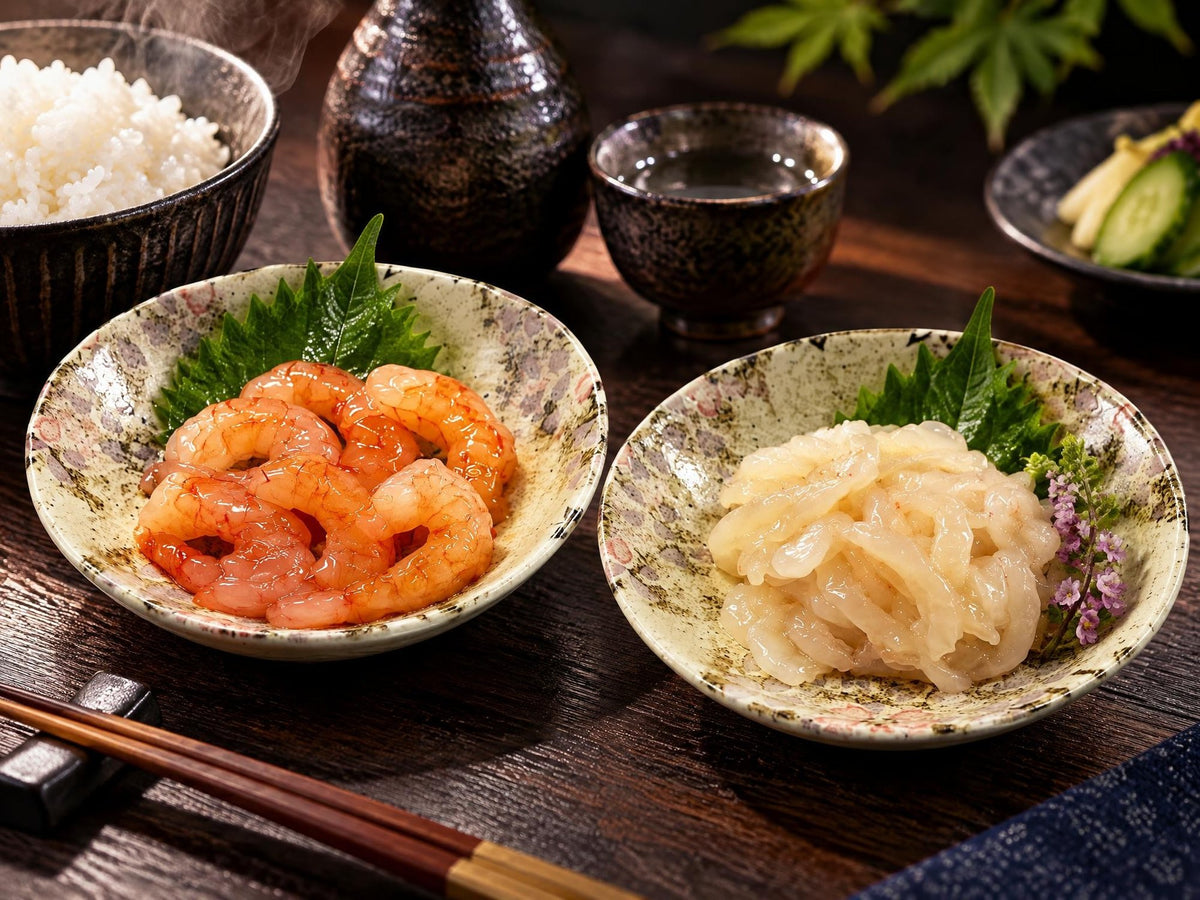 富山湾産の甘えびと白えびのお刺身を二つの小皿に盛り付け、ごはんと日本酒を添えた食卓