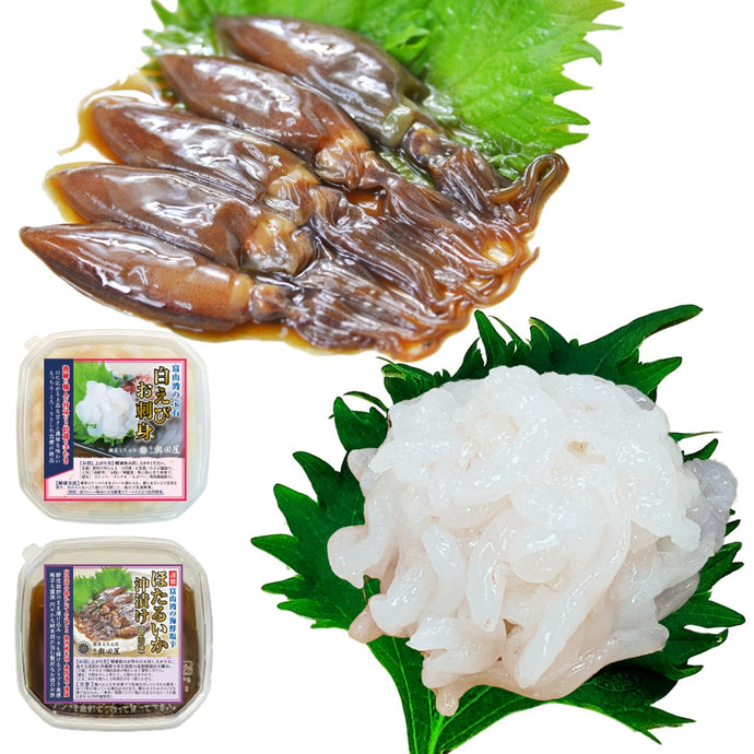 富山県の特産品「白えび」と「ほたるいか沖漬け」が美味しそうに並んだ画像